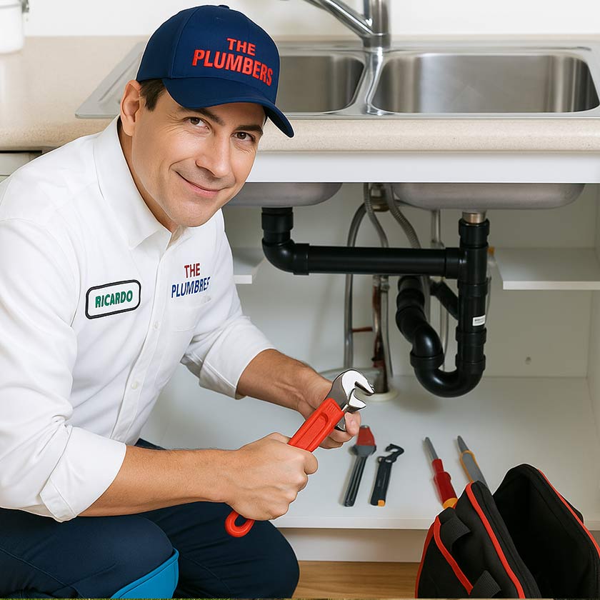 Plumber fixing the drain pipe beneath the sink